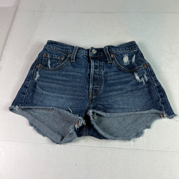 Levi's Jean Shorts Women 26* 501 Dark Blue Cut Off Distressed Denim Jorts Tag 25 - Picture 1 of 16